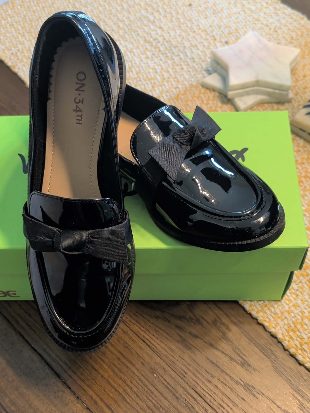 On 34th Women’s Black Patent Loafers with Bow -